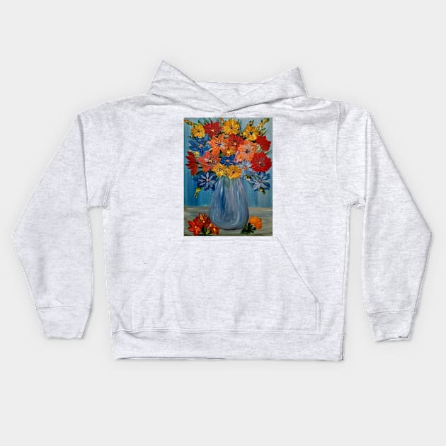 abstract vibrant colorful flowers in a glass vase with silver accent . Kids Hoodie by kkartwork